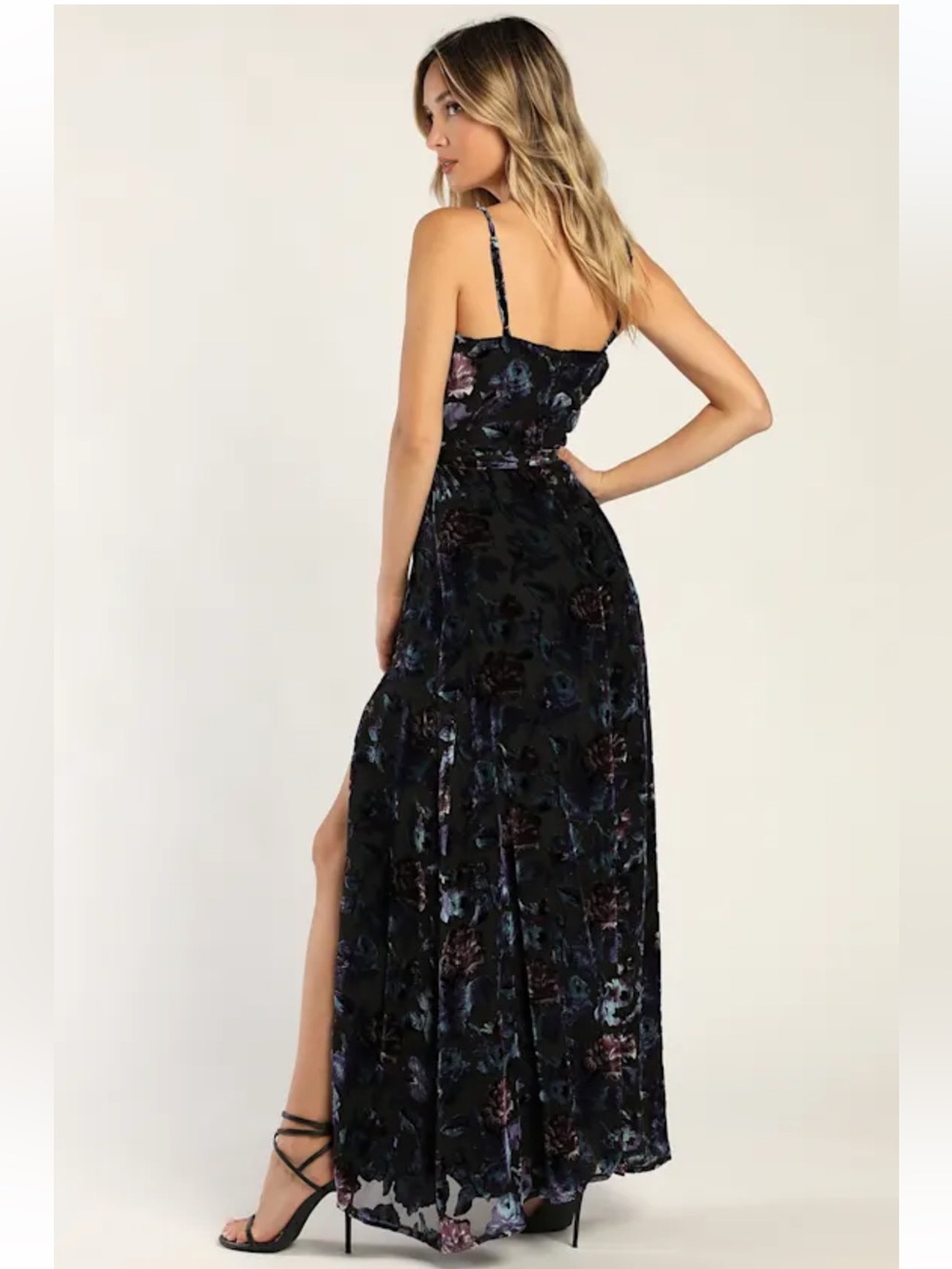 NWT Lulus Pretty Companion Black Floral Velvet Burnout Maxi Dress with Side Slit - Picture 4 of 9